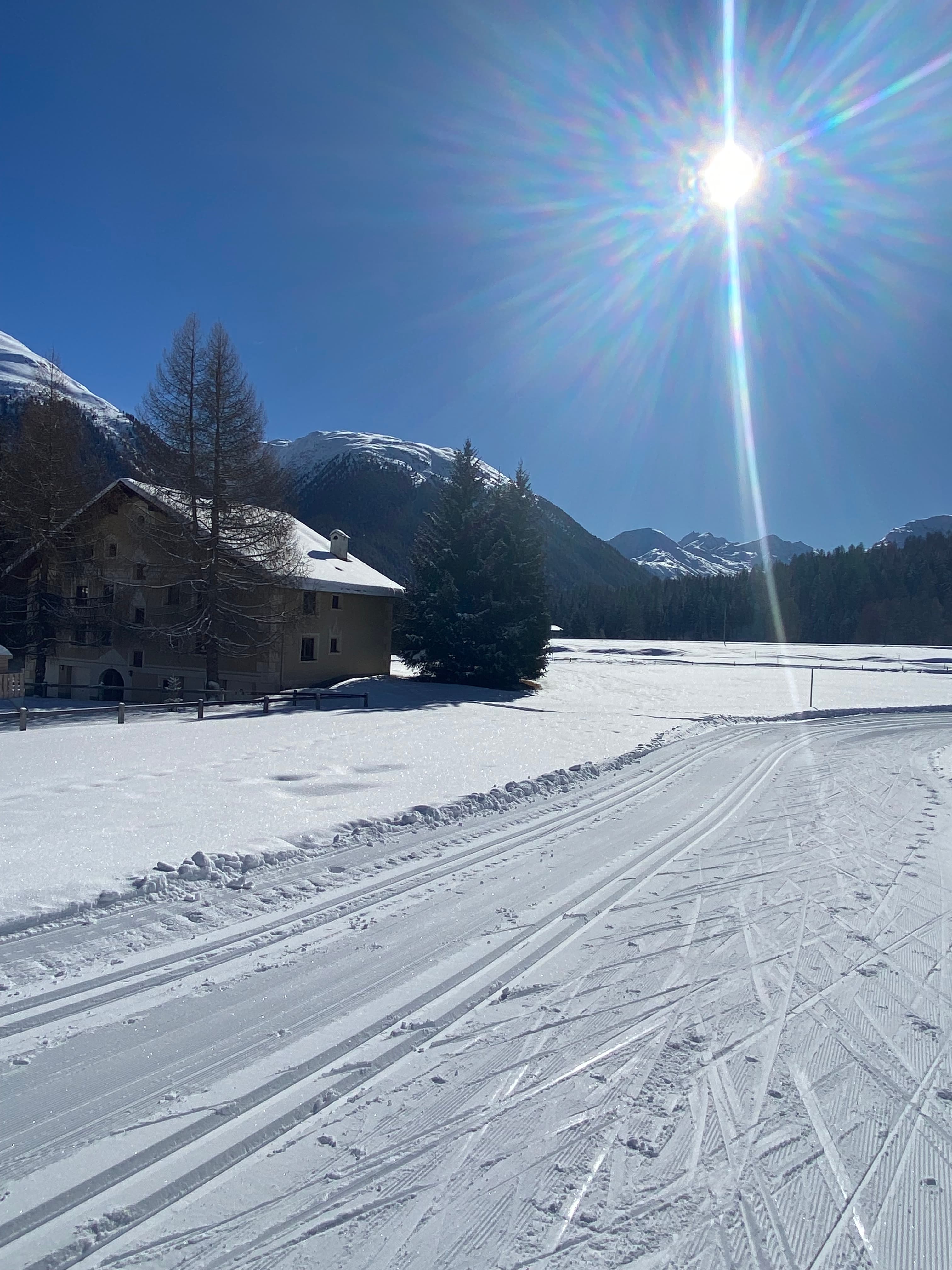 Snowy cross-country trail with Engadin mountains